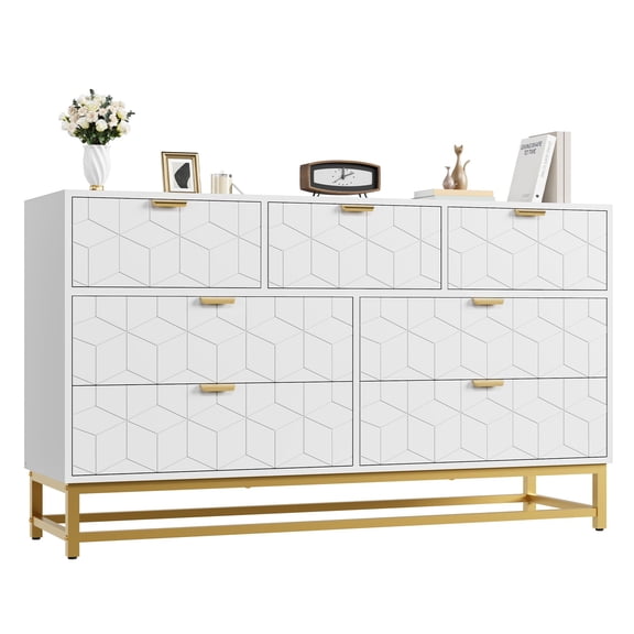 Grey 53.5" Wide Dresser for Bedroom, Modern 7 Drawer Triple Dresser with Gold Accents, Long Storage Organizer for TV Stand & Closet, Large Chest of Drawers for Living Room, Hallway, Entryway