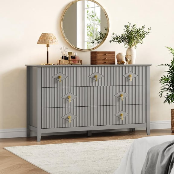 Grey 54" Wide 7 Drawer Fluted Wooden Dresser TV Stand, Home Multi Scene Storage Chest