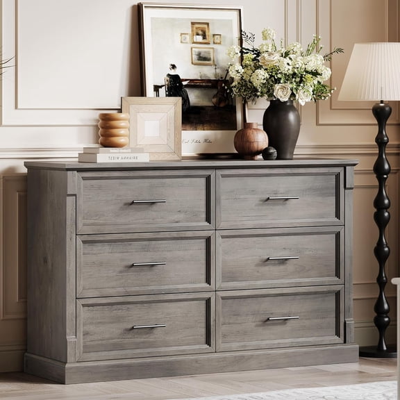 Grey 6 Drawer Dresser for Bedroom, Farmhouse 47.2" Wide Chest of Drawers with Metal Handles, Rustic Double Wood Dresser, Storage Dressers Organizer for Living Room, Nursery