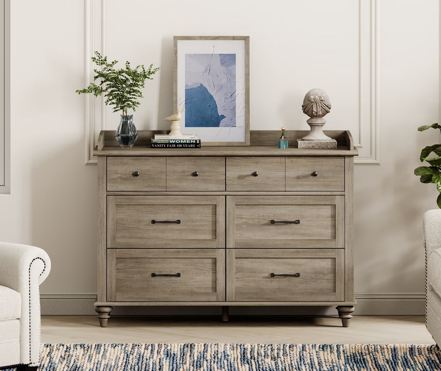 Grey 6 Drawer Dresser for Bedroom, Wooden Chest of Drawers for Living Room