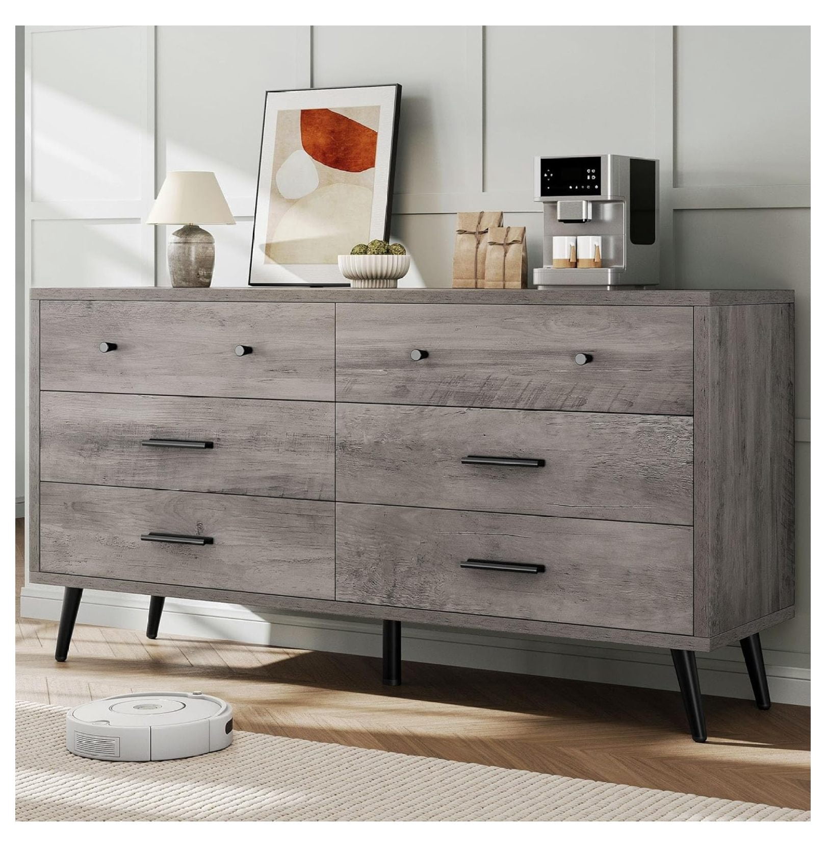 Grey 6 Drawers Dresser/Modern Wood Chest of Drawers with Black Metal ...