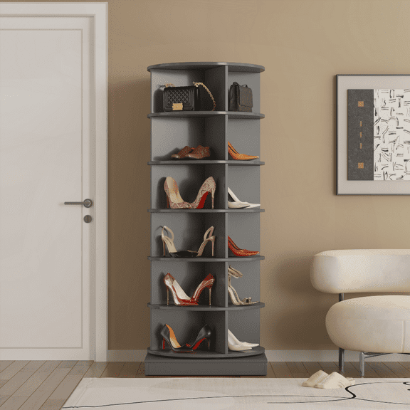 Grey 6-Layer 360 Rotating Shoe Cabinet - 24-Pair Capacity for Entryway & Bedroom