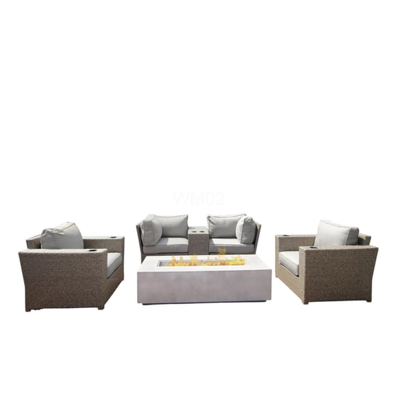 Grey 6-Piece Patio Conversation Set with Fire Pit Table & Cushions for 4+ People