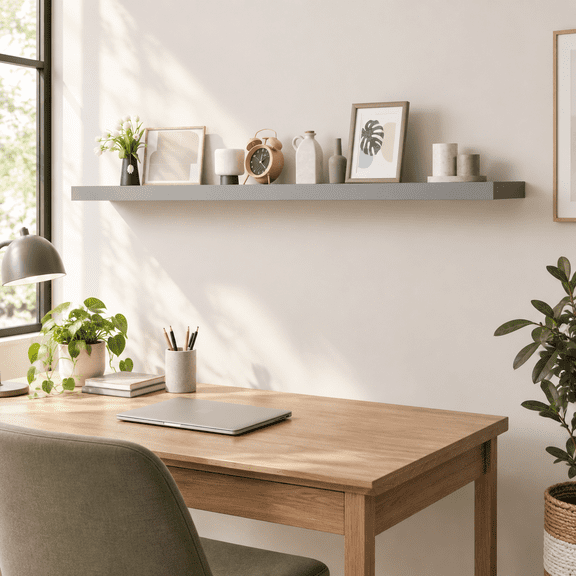 Grey 60 Inch Set of 1 Standard Solid Wood Floating Wall Shelves