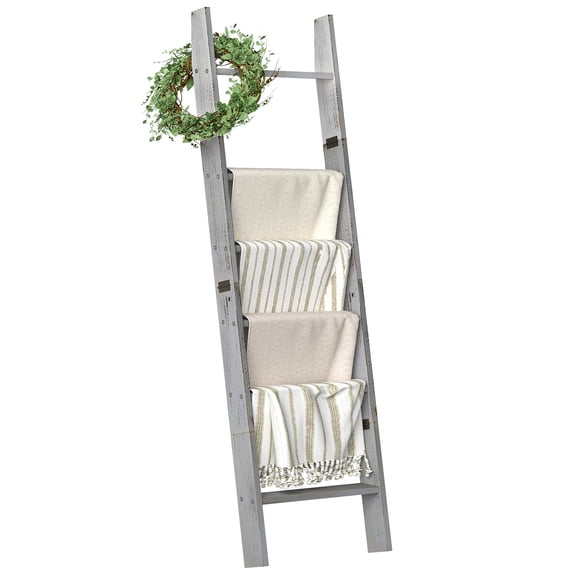 Grey 61.8" H × 18.1" W × 3.5" D Wooden 6-Tier Wall-Leaning Blanket Ladder Rack