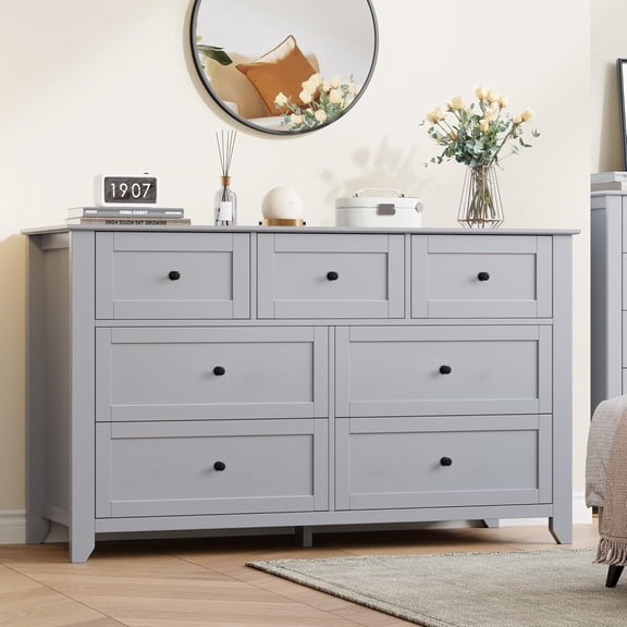 Grey 7 Drawer Dresser for Bedroom, 54" Wide Large Dresser with Deep Drawers & Metal Knobs, Modern Wooden Chests of Drawers for Entryway, Hallway