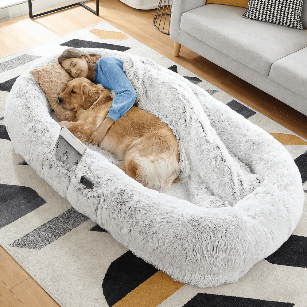 Grey 71"x45" Human Dog Bed, Orthopedic Washable Faux Fur Pet Bed