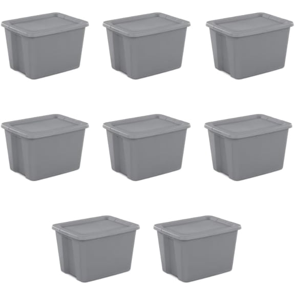 Grey 8-Pack 18 Gallon Plastic Storage Bins with Snap-On Lids, Stackable Lidded Containers with Comfortable Integrated Handles for Camping Gear, Sports Equipment, Tools, Blankets & Sleeping Bags