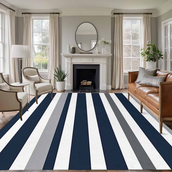 Grey and 8'x10' Large Area Rug for Living Room Sectional Sofa, Navy Blue Stripe Abstract Geometric Striped Washable Non Slip Low Pile Rectangle Area Rug