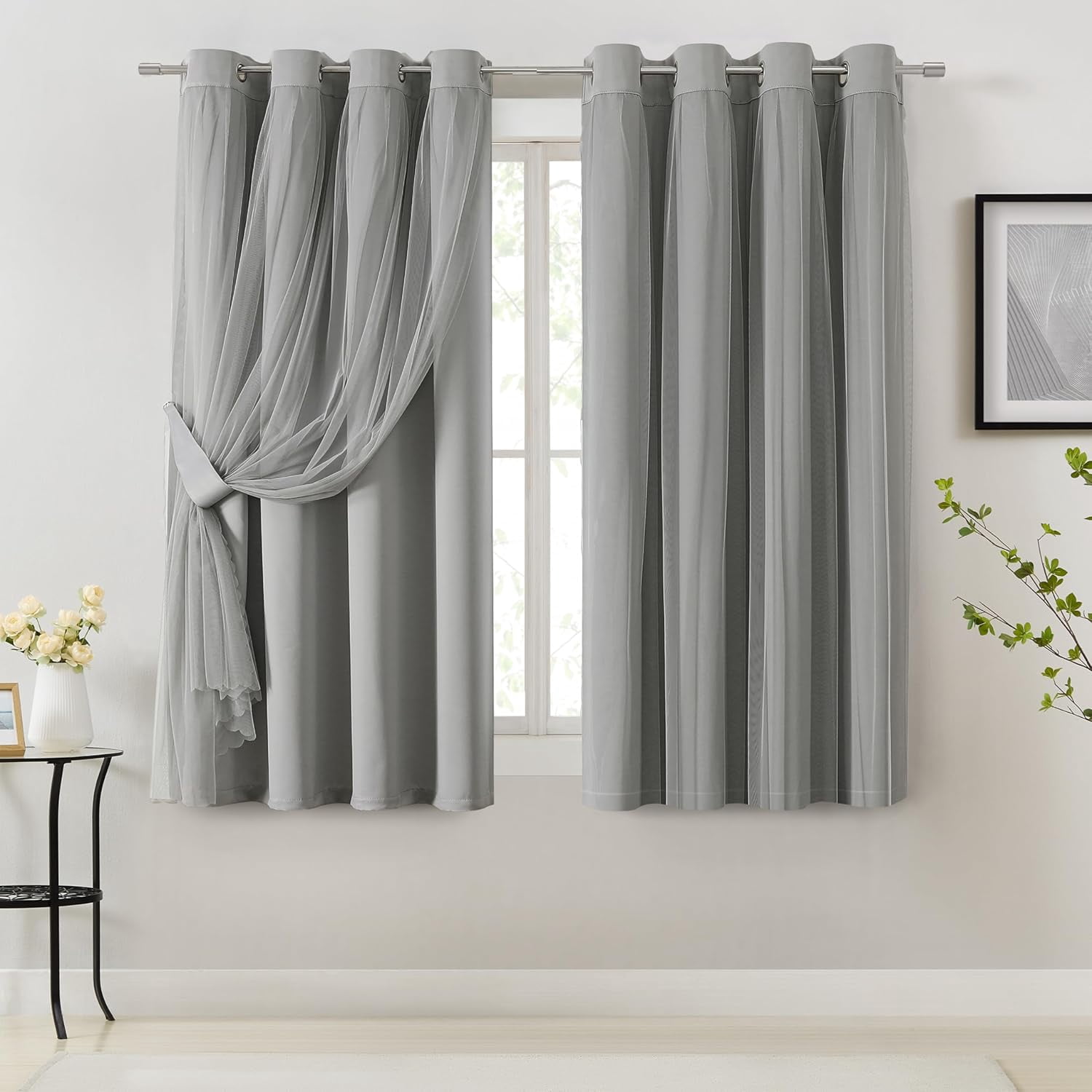 Grey 90% Blackout Curtains with Sheer Overlay Mix and Match Double ...