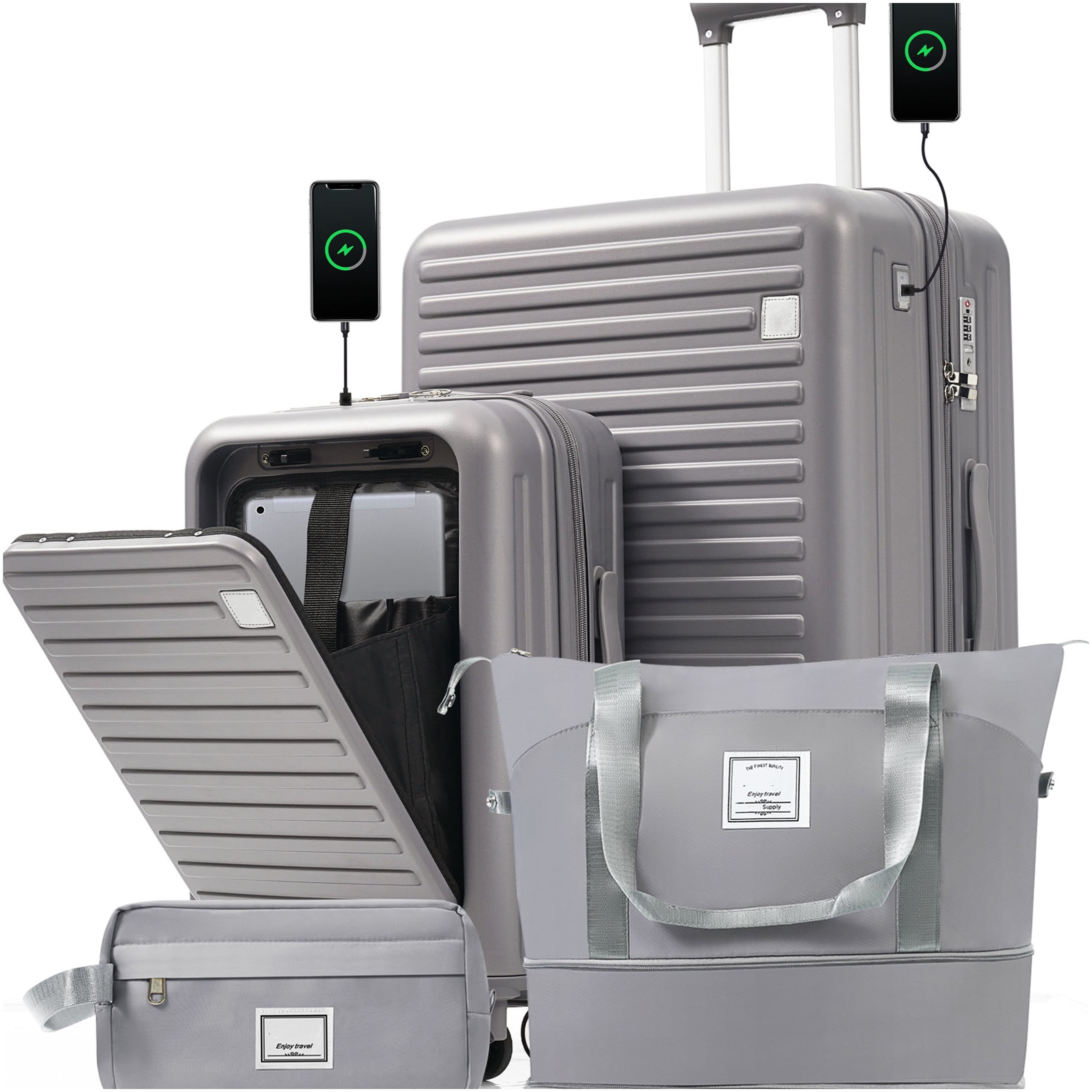 Grey ABS 4-Piece Luggage Set with USB Ports, TSA Lock, Spinner Wheels ...