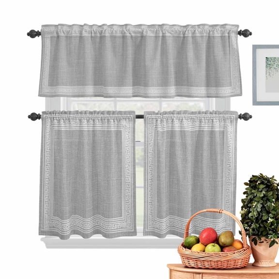 Grey Abstract Art Kitchen Curtains Valances 3 Piece Set, Vintage Linen Greek Key Geometric Rod Pocket Tier Curtain and Valance Drapes for Small Window 24 Inch Length for Bedroom Cafe