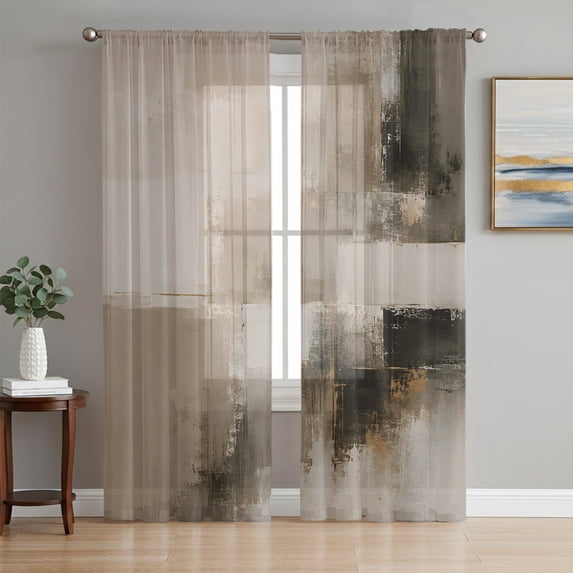 Grey Abstract Art Sheer Curtains 72 Inch Length 2 Panels Set, Contemporary Luxury Aesthetics Voile Window Treatment Rod Pocket Curtains Sheers Drapes for Bedroom/Living Room/Kitchen 52"x72"x2