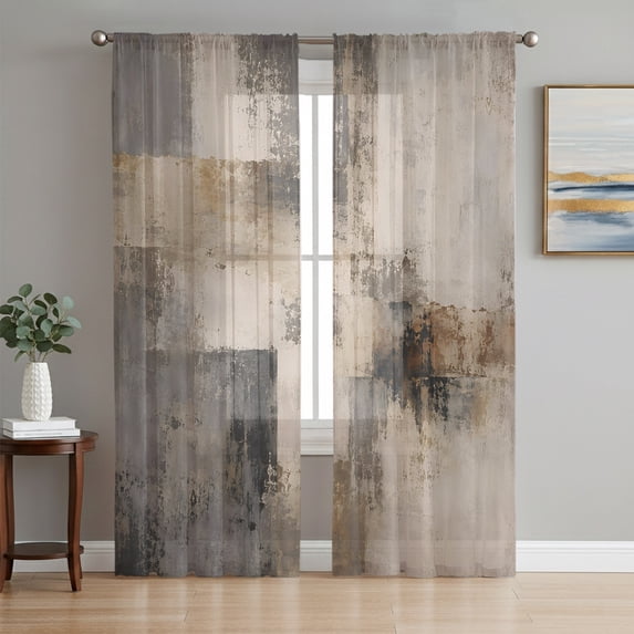 Grey Abstract Art Sheer Curtains 84 Inch Length 2 Panels Set, Vintage Luxury Aesthetics Voile Window Treatment Rod Pocket Curtains Sheers Drapes for Bedroom/Living Room/Kitchen 52"x84"x2