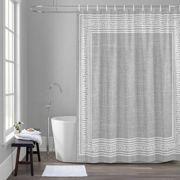 Grey Abstract Art Shower Curtain for Bathroom Decor, Vintage Linen Greek Key Geometric Waterproof Fabric Shower Curtain, 72"x72" Set with 12 Hooks