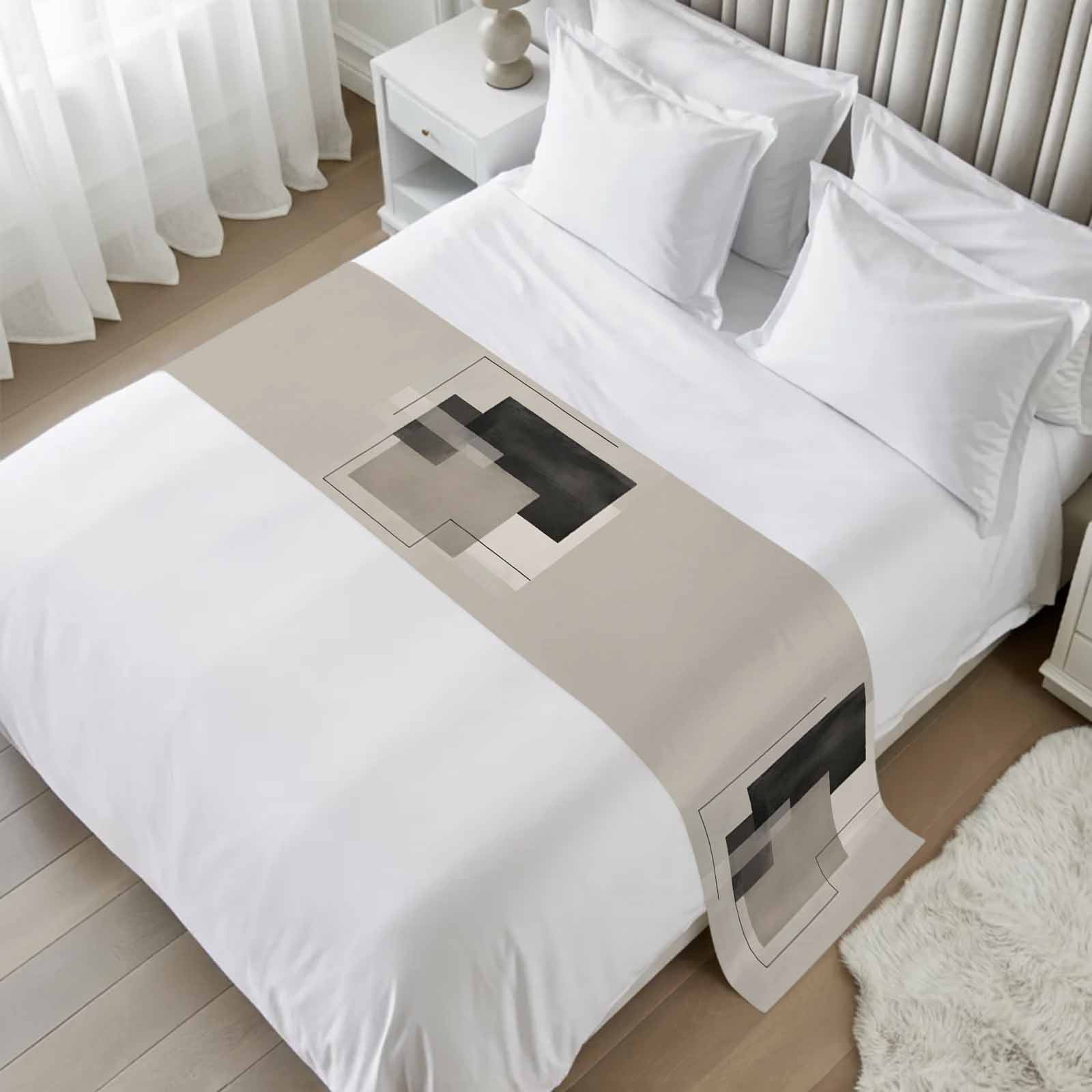 Gray Color Throw Grey Abstract Bed Runner Scarf for King Size Bed, Geometric Color Block ...