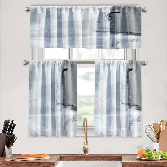 Grey Abstract Kitchen Curtains Tiers and Valances Set 3 Piece for Windows Modern Art Kitchen Window Curtains Set,Contemporary Trendy Valances for Living Room(36" Tiers Set)
