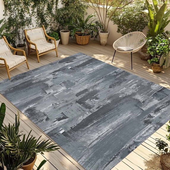 Grey Abstract Outdoor Rug for Patio/Deck/Porch, Non-Slip Large Area Rug 4 x 6 Ft, Vintage Geometric Gradient Oil Painting Modern Indoor Outdoor Rugs Washable Area Rugs, Camping Rug Carpet Runner