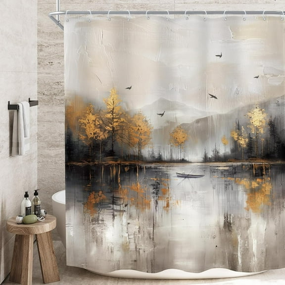 Grey Abstract Shower Curtain Misty Woodland Mountain Lake Brown Trees Oil Painting Nature Bathroom Curtain Artistic Farmhouse Country Bathroom Decor Fabric with Hook-72"W x 78"L (Pack of 1)