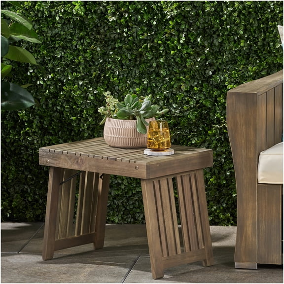 Grey Acacia Wood Folding Side Table, Slat Design End Table for Indoor Outdoor Use