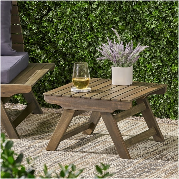 Grey Acacia Wood Side Table for Outdoor Patio, End Table with Open Slat Design for Living Room, Garden & Porch