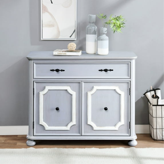 Grey Accent Cabinet With 2 Doors And 1 Drawer - Vintage Bun Feet Fascination Ample Storage Room Smooth Metal Glides Home Splendor 2-door Enchantment Generous Space Quiet Magnificence