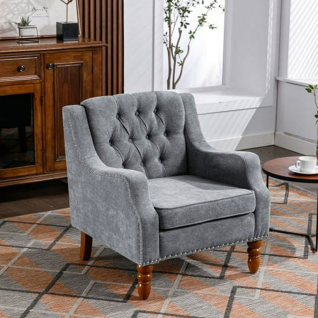 Grey Accent Chair, Living Room Chair, Footrest Chair Set with Vintage
