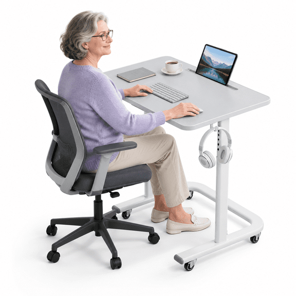 Grey Adjustable Height Rolling TV Dinner Tray Table with Storage Slot and Hook