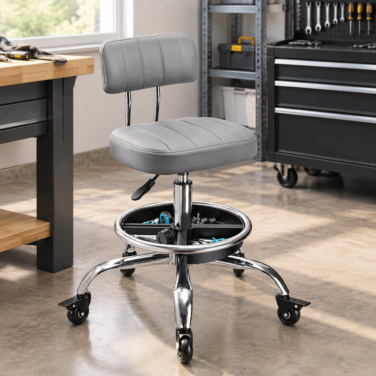 Mechnic Step Stool Grey Adjustable Rolling Mechanic Stool with Tool Tray Storage for ...