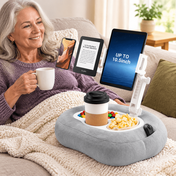Grey Adjustable Tablet & Kindle Stand with Snack Cup, 50 Liners and Washable Cover