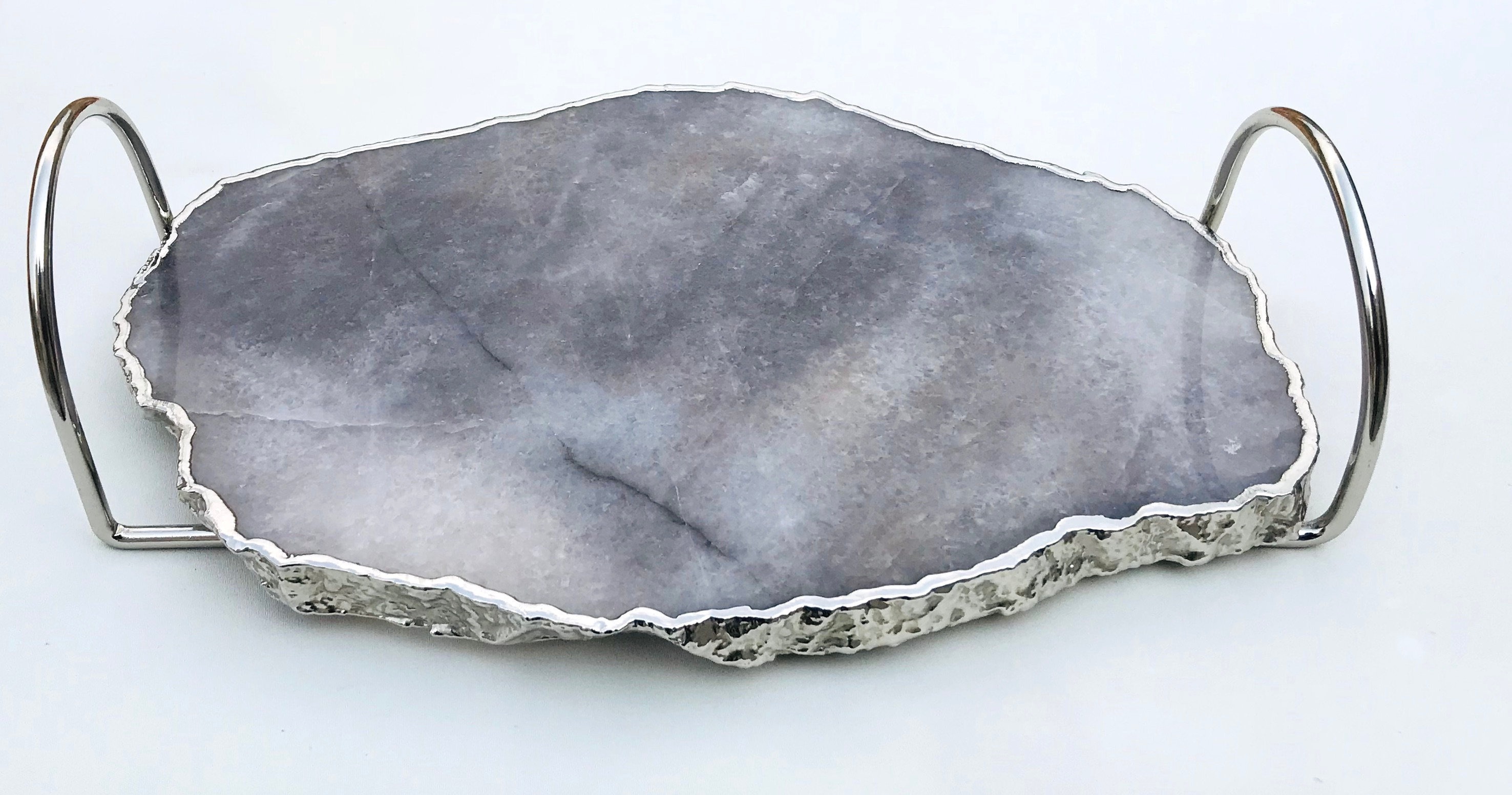 Grey Agate Quartz Serving Tray With Silver Finish Loop Handles