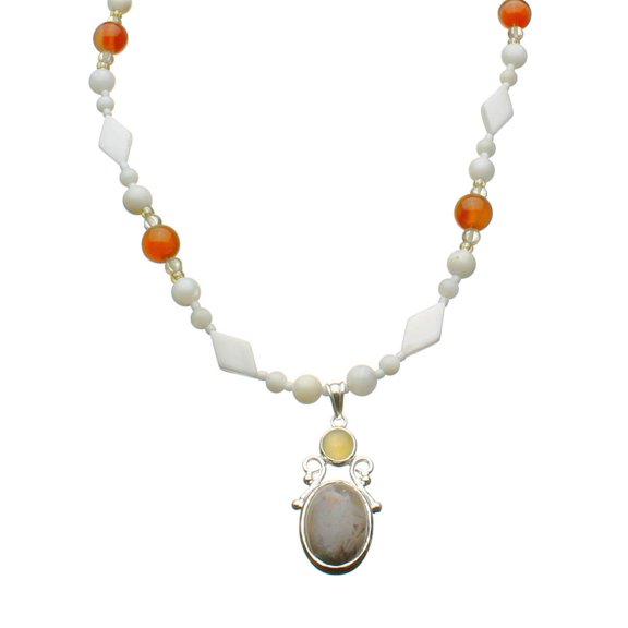 Grey Agate Stone Sterling Silver Pendant, Shell, Beads Necklace, 18"+2" Extender