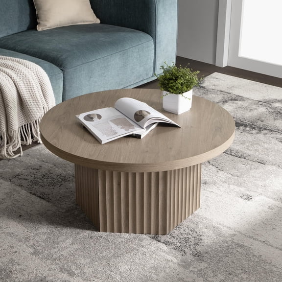 Grey Alder Round Coffee Table for Living Room, 32" Circle Modern Fluted