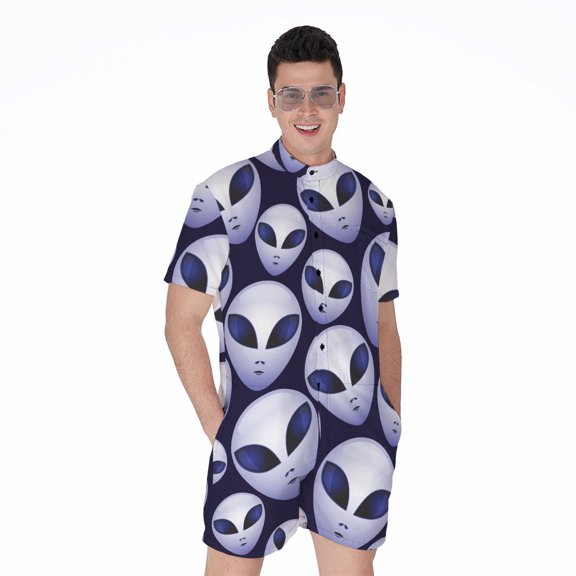 Grey Alien Face Pattern Short Sleeve Men'S Rompers, Alien Ufo Space Casual Summer Jumpsuits Outfit