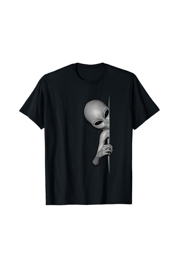 Grey Alien Peeking Zeta Reticuli UFO Abduction T-shirt