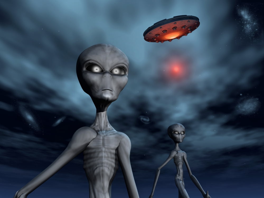 Grey Aliens and their flying saucer visiting Earth Canvas Art - Mark StevensonStocktrek Images (33 x 25)