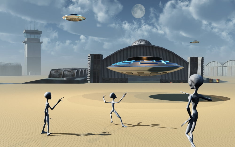 Grey Aliens and their flying saucers at Area 51 Canvas Art - Mark StevensonStocktrek Images (36 x 23)
