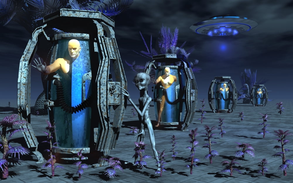 Grey Aliens awaking humanoid clones in bio-transport containers Canvas Art - Mark StevensonStocktrek Images (18 x 12)