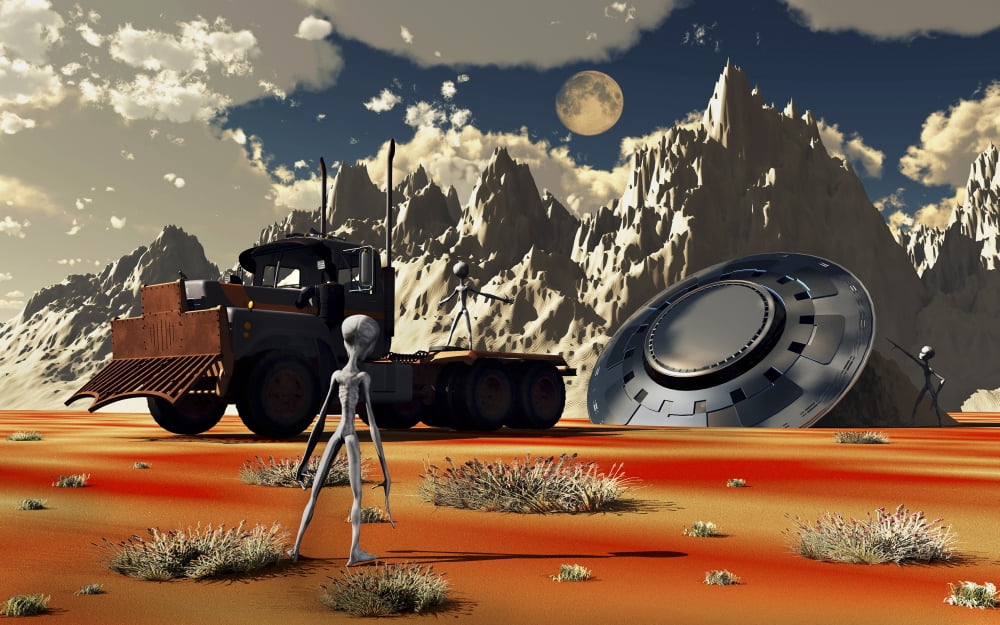 Grey Aliens recovering their flying saucer from a crash site Canvas Art - Mark StevensonStocktrek Images (18 x 12)