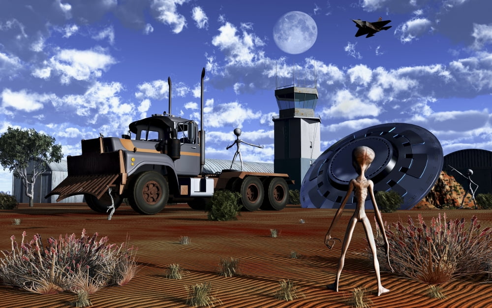 Grey Aliens recovering their flying saucer from a crash site Canvas Art - Mark StevensonStocktrek Images (36 x 23)