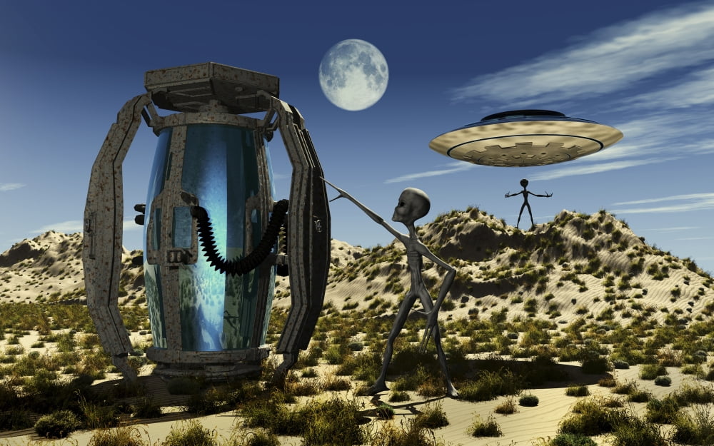 Grey Aliens tending to a storage container used to transport specimens Canvas Art - Mark StevensonStocktrek Images (18 x 12)