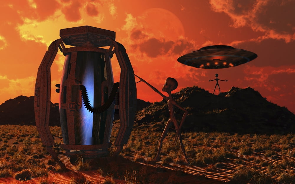 Grey Aliens tending to a storage container used to transport specimens Canvas Art - Mark StevensonStocktrek Images (36 x 23)