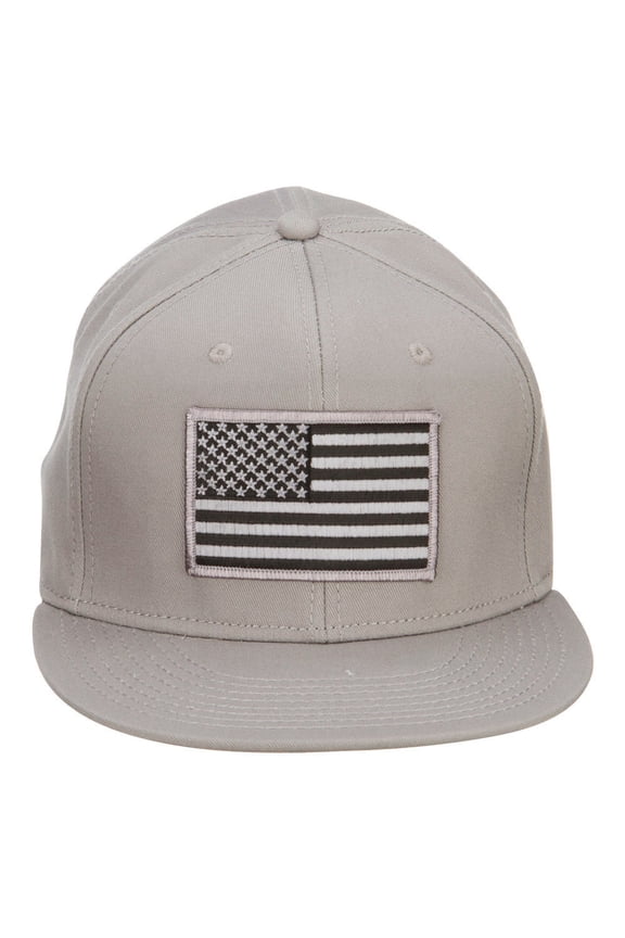 Grey American Flag Patched Flat Snapback Cap - Grey OSFM