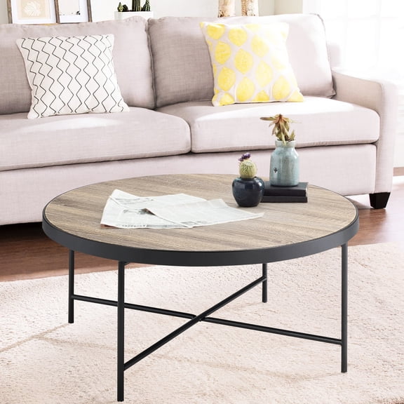 Grey And Black Industrial-style Table With Metal Trim Stable Base Coffee X Crossbar Support, Weathered Oak Finish