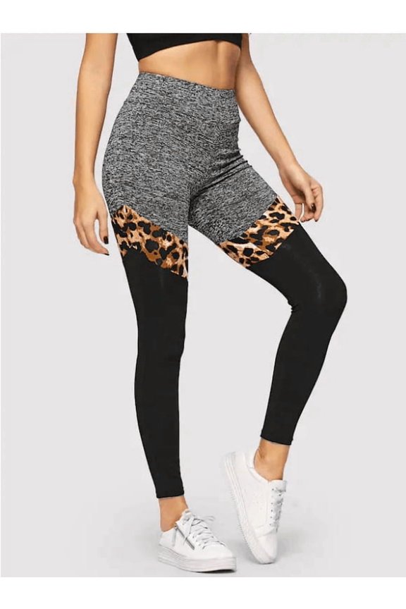 Grey And Black Plus Leopard Print Stitching Polyester Fiber Leggings