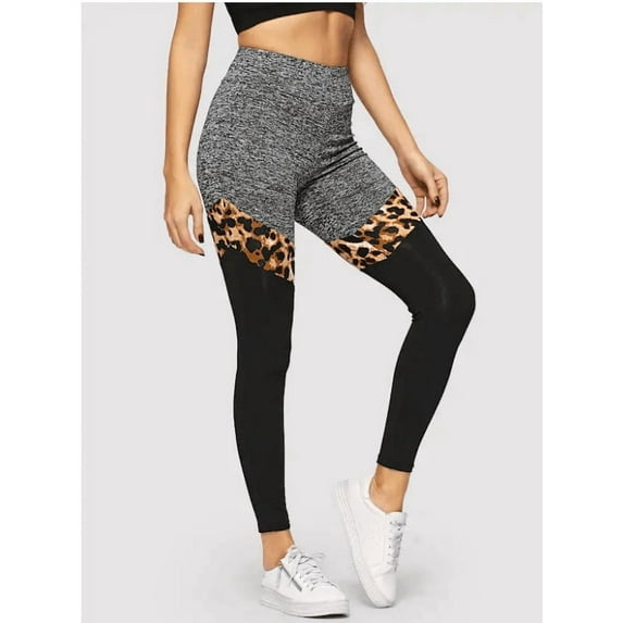 Grey And Black Plus Leopard Print Stitching Polyester Fiber Leggings