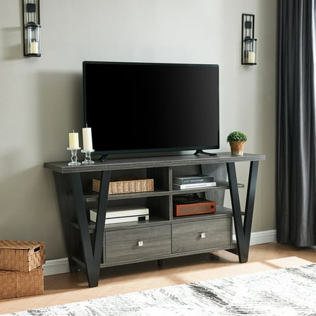 Grey And Black Tall Tv Stand With 2 Drawers & Shelves, 60 - 69 Inch Fits 30" Cabinet, Black, Installation