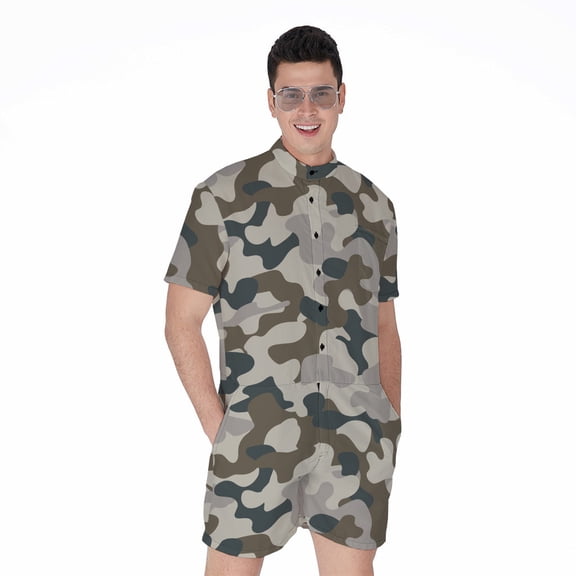 Grey And Brown Camouflage Short Sleeve Men'S Rompers Casual Summer Jumpsuits Outfit