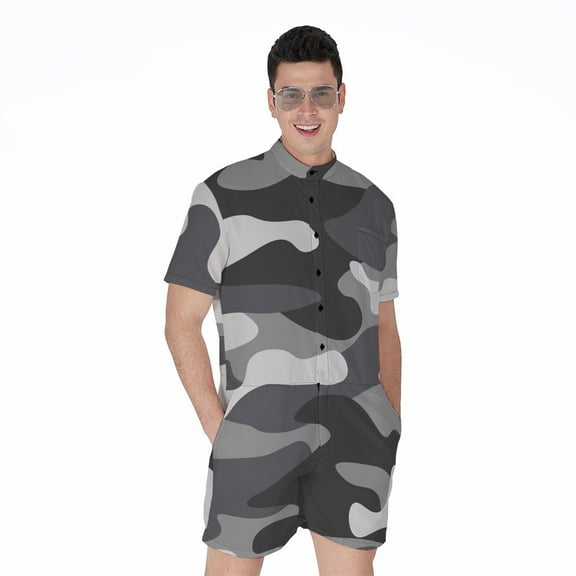 Grey And White Camouflage Short Sleeve Men'S Rompers Casual Summer Jumpsuits Outfit