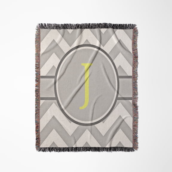 Grey And White Chevron With Yellow Monogram Initial J, Woven Blanket